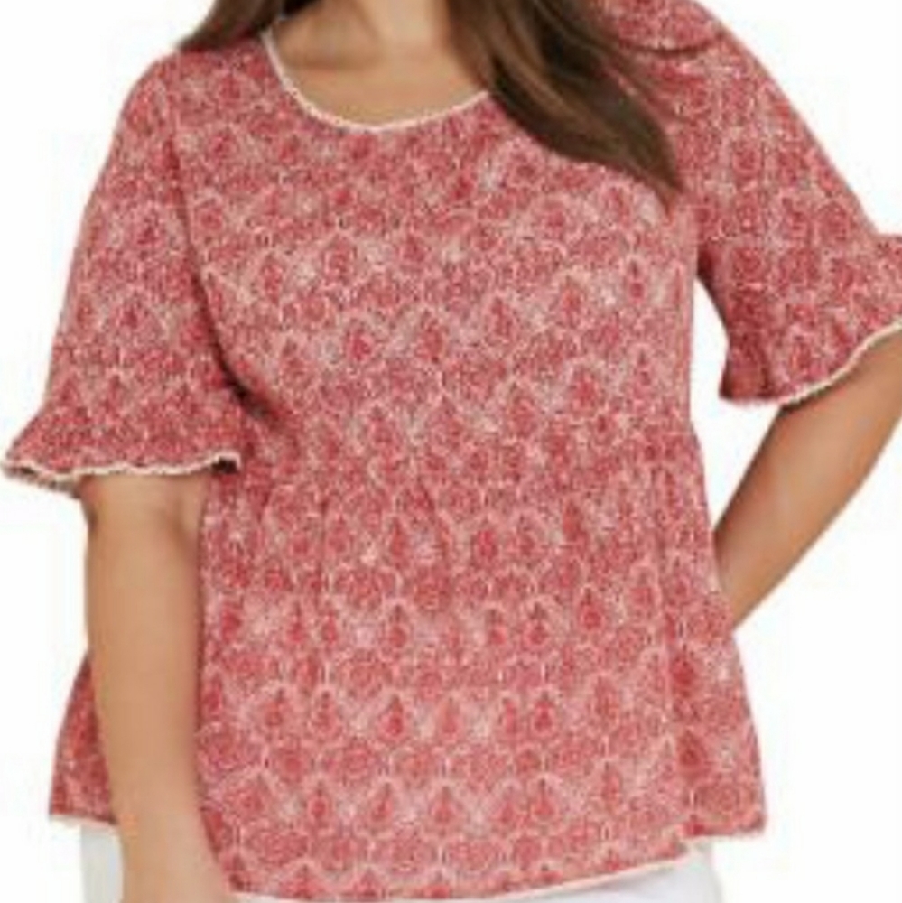 Ellos Babydoll Top Embroidered Lace Hem Boho Floral Print Size 20 Cotton